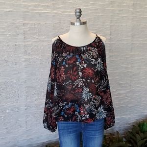 Forever 21 Cold Shoulder Boho Semi Sheer Print Top